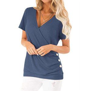 Women Short Sleeve Crossed Surplice Button Tops